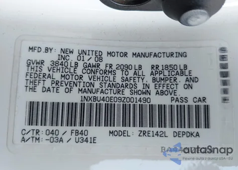 2009 Toyota Corolla Le из США, поврежденный, VIN 1NXBU40E09Z001490